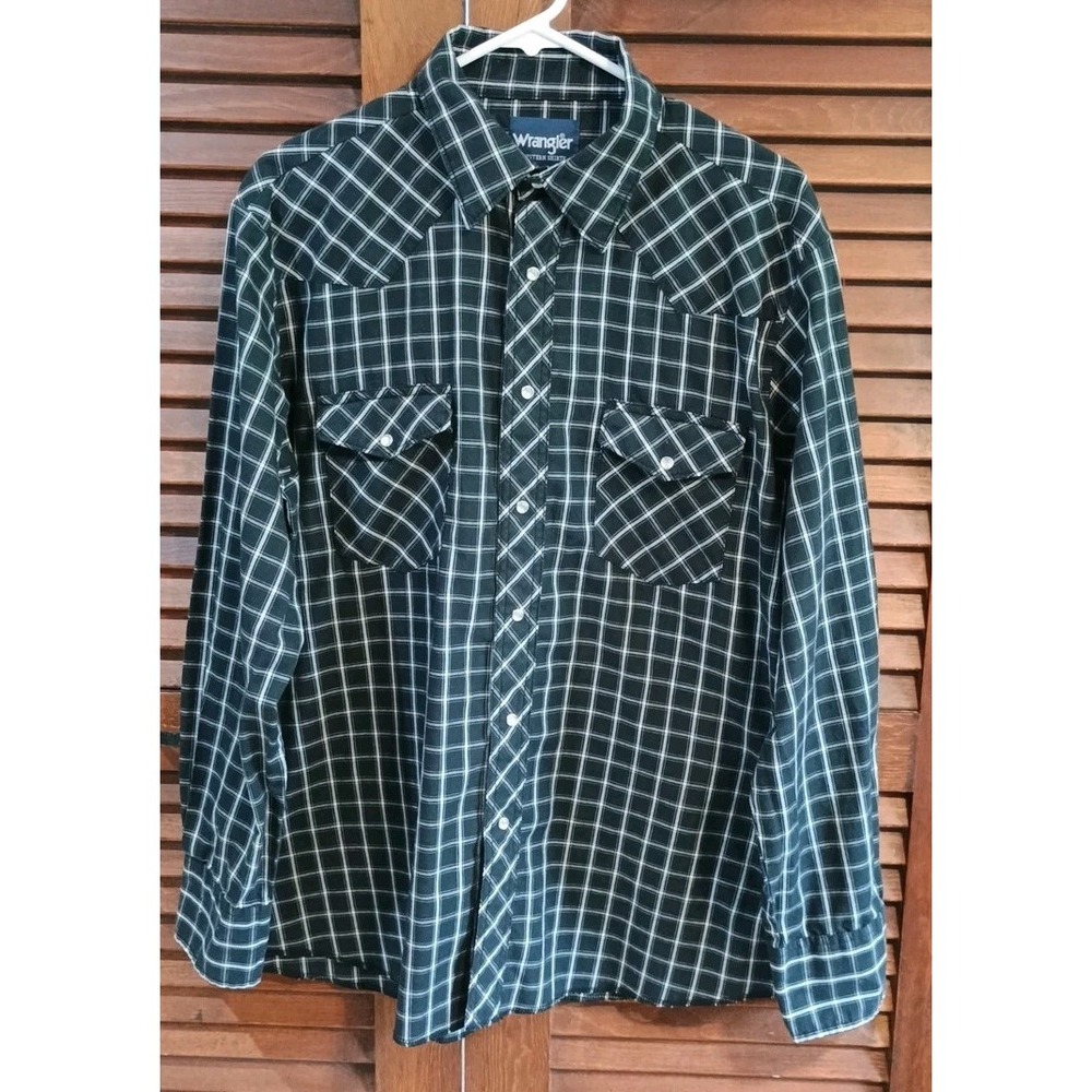 Wrangler Shirt Mens Large Plaid Pearl Snap Western Cowboy Black White